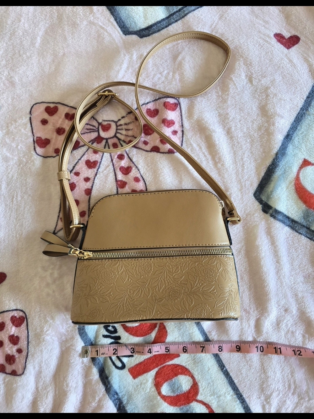 Women’s Beige Crossbody Bag with Floral Embossing